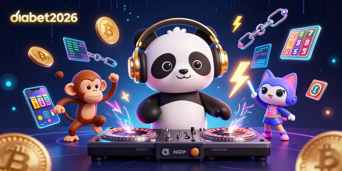 Experience vibrant gameplay at dabet2026 with a DJ panda, dancing monkey, and rave kitten in a casino-themed illustration.