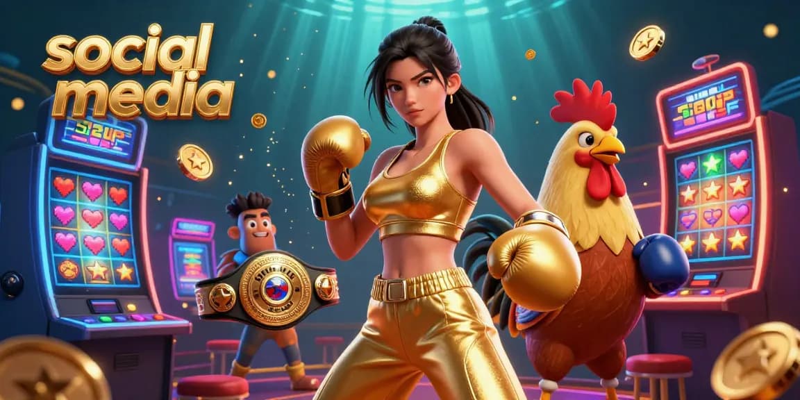 Engage with social media in this exciting 3D casino scene featuring unique jackpot slot machines and vibrant characters.