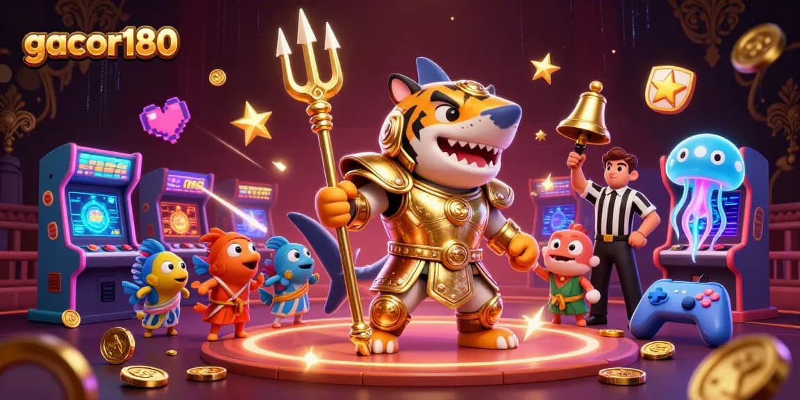 Gacor180 menyajikan ilustrasi kasino 3D yang menakjubkan dengan hiu kartun berperan sebagai gladiator.