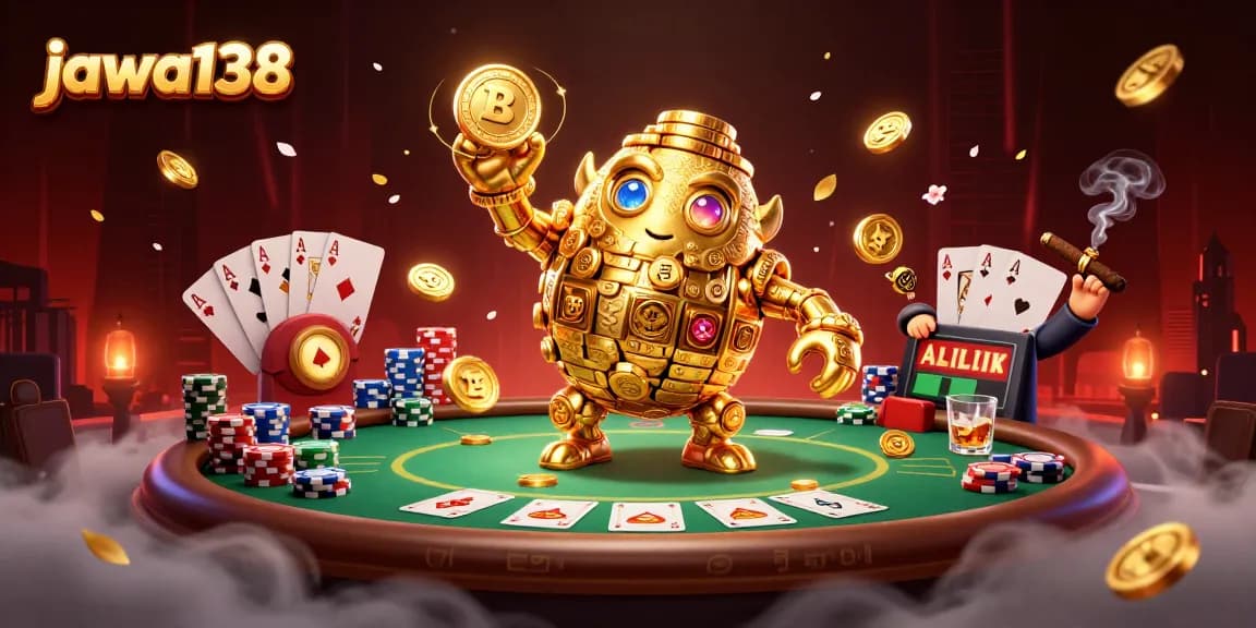 Gambarkan kejayaan permainan kasino dengan karakter golem emas, simbol slot, dan meja poker, jawa138