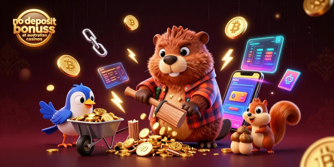 No deposit bonuses at Australian casinos illustrate winning opportunities with cartoon beaver, bird, and squirrel exchanging coins.