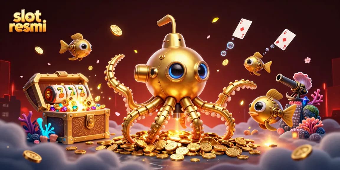 Gali kemenangan dengan slot resmi saat 3D kartun kraken dan ikan mekanik menyelam dalam harta karun.