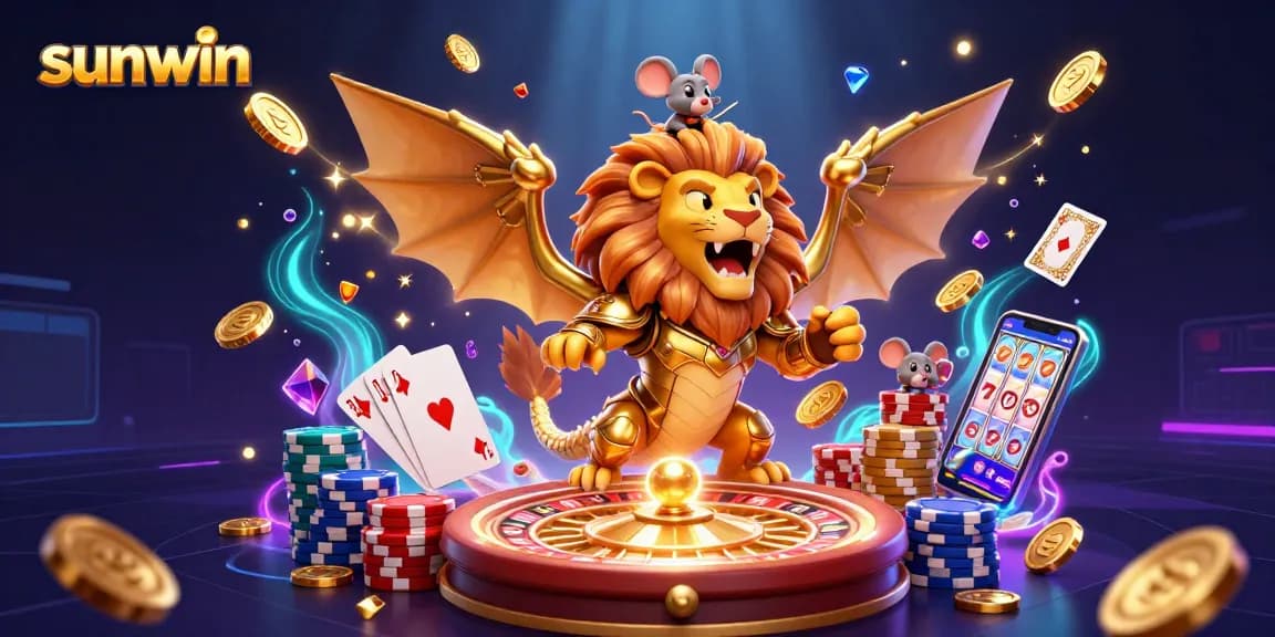Experience thrilling wins at Sunwin with a majestic chimera and vibrant casino elements in 3D illustration.