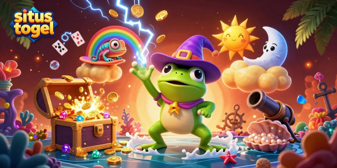 Situs togel menawarkan pengalaman menarik dengan karakter si tokek penyihir dan chameleon berwarna pelangi, dikelilingi koin emas dan elemen permainan yang berkilau.