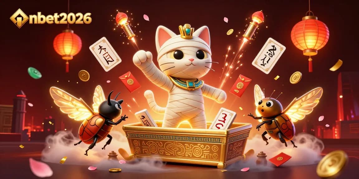 Engage with nbet2026 in a vibrant casino scene featuring a mummy cat and glowing elements.