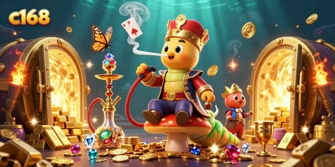 c168 encounters a magical world in vibrant 3D casino illustration packed with poker symbols and treasures.