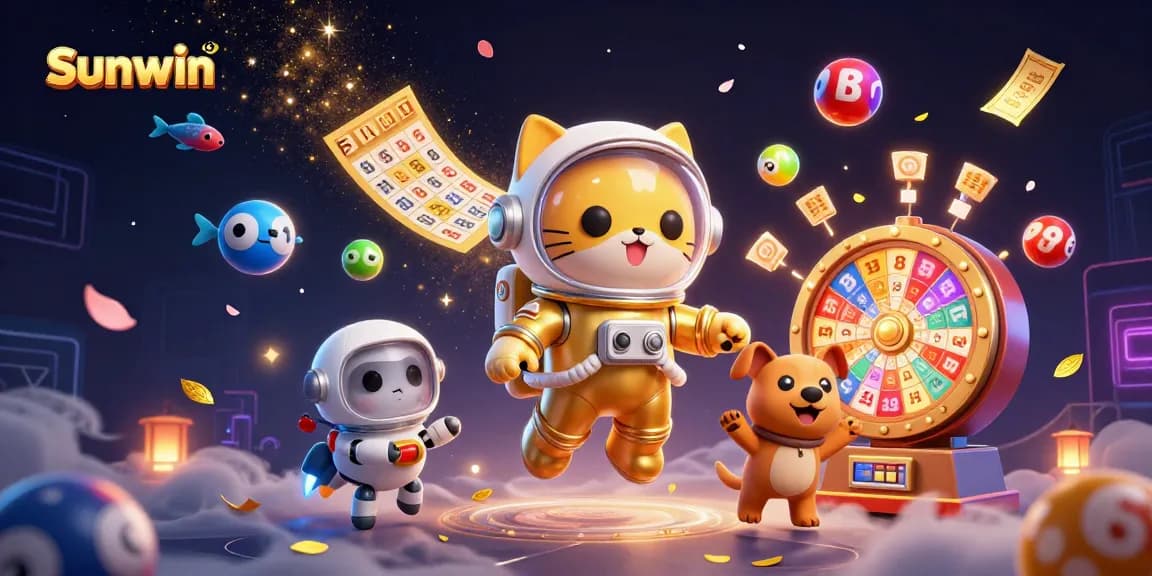 Engage in thrilling gameplay with Sunwin’s dynamic 3D illustration featuring vibrant lottery elements and fun characters.