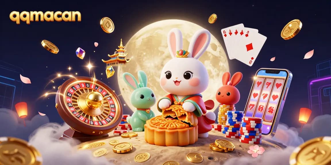 Engage in thrilling gameplay at qqmacan with golden mooncakes, poker chips, and festive elements.