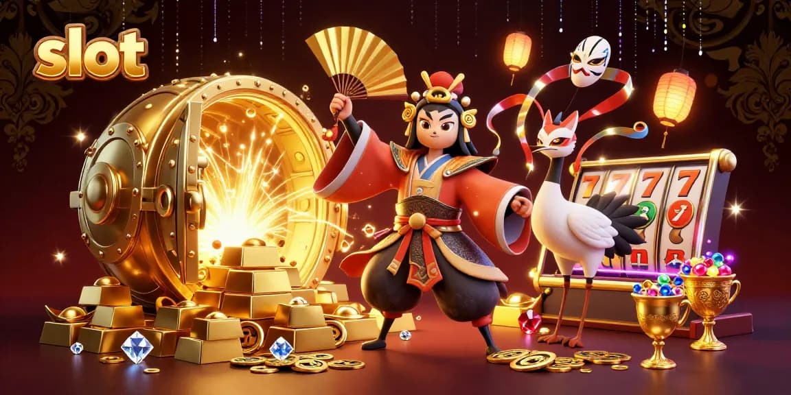 Menangkan permainan slot dengan karakter kabuki dan elemen kasino yang memukau.