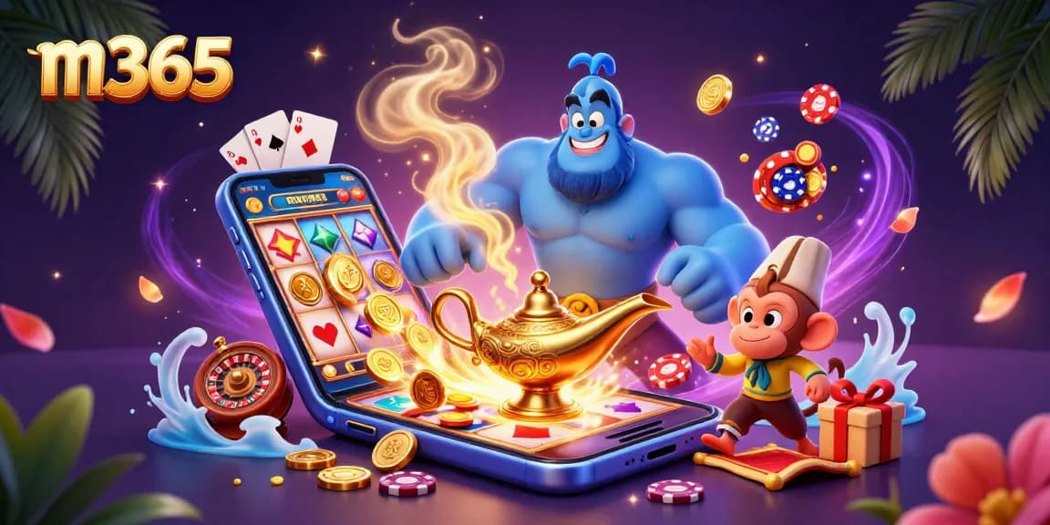Experience thrilling gameplay at m365 with a blue genie and poker chips amidst vibrant casino elements.