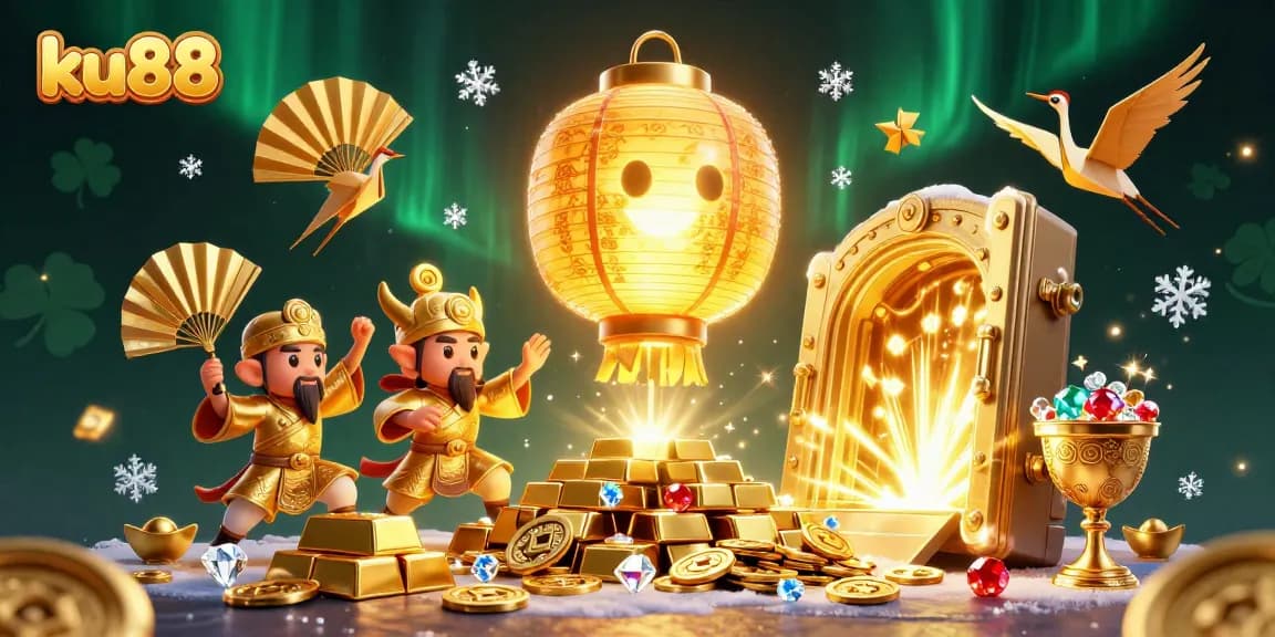 Experience fortune with ku88, featuring a glowing lantern spirit and casino treasures in a 3D illustration.