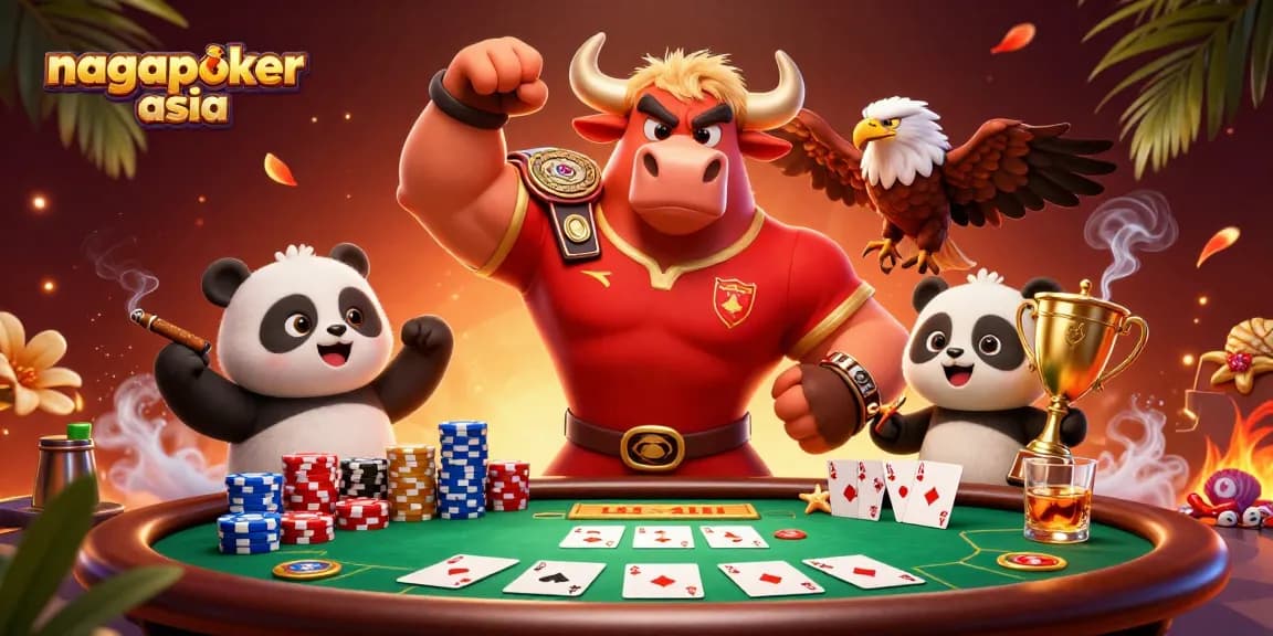 Experience the excitement of nagapoker asia with characters celebrating big wins at a poker table.