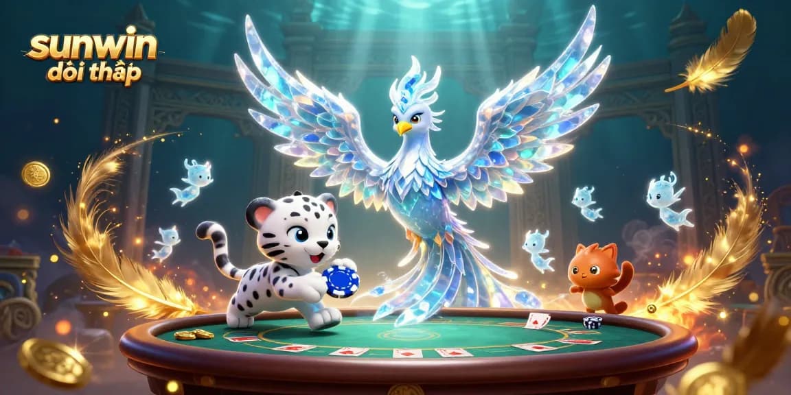 Experience the thrill of sunwin đổi thưởng with a vibrant 3D casino illustration showcasing a phoenix and poker elements.