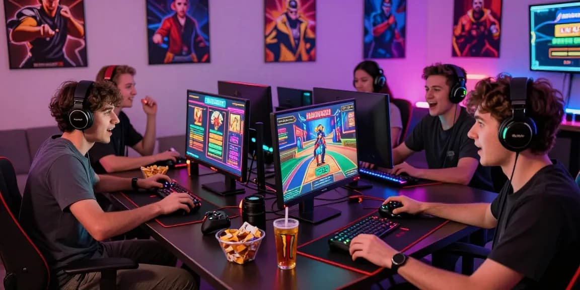 Exciting online gaming experience with Dominobet, players engaged in thrilling sessions, colorful LEDs and gaming setups.