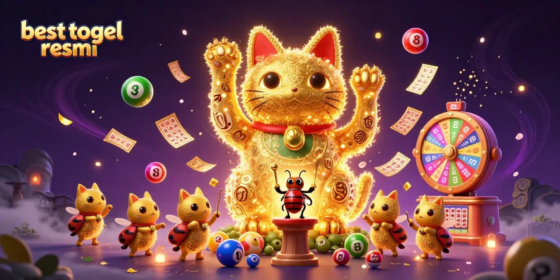 Engage with the vibrant world of besttogel resmi featuring dynamic lottery symbols and a captivating lucky cat.