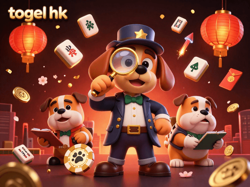 Experience the excitement of togel hk with a detective bloodhound and Watson bulldog uncovering poker chip clues amidst festive game elements.