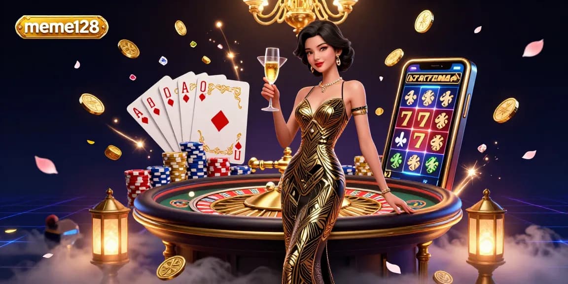 Experience the excitement of meme128 with an elegant casino scene featuring a glamorous Asian woman, roulette, and gold coins.
