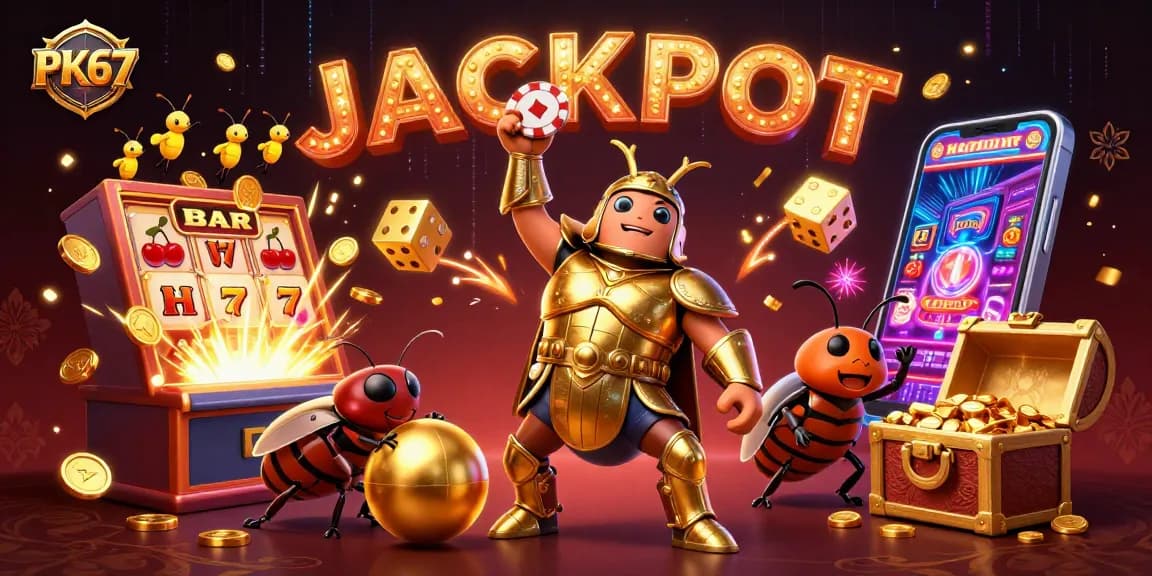 Experience the thrill of PK67 with a 3D cartoon hercules beetle celebrating a jackpot victory.