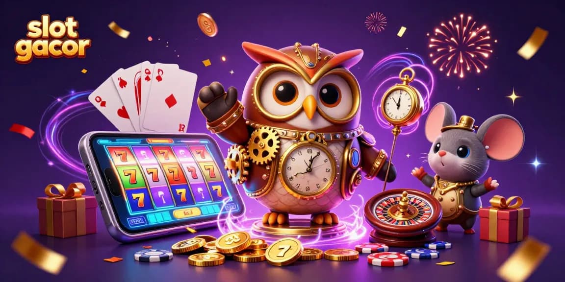 Menampilkan slot gacor dengan karakter burung hantu dan tikus di kasino futuristik, menunjukkan permainan slot.