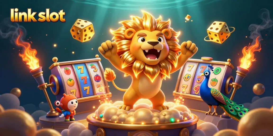 Engage with thrilling link slot features surrounded by vibrant casino elements in an exciting 3D scene.