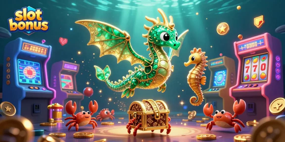 Experience the excitement of slot bonuses in this vibrant, colorful casino scene featuring animated characters.