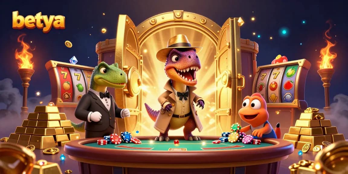Betya promotes a thrilling casino experience with cartoon velociraptors amidst dynamic slot elements.