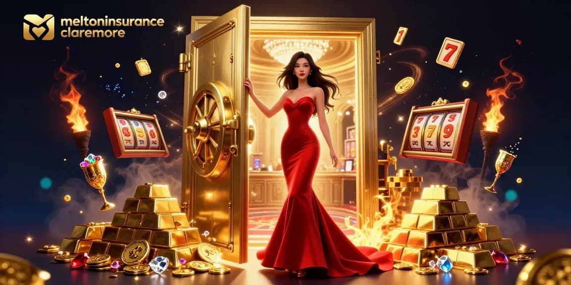 Experience excitement with meltoninsuranceclaremore as an Asian woman in glamourous attire stands in a vibrant casino doorway surrounded by riches.