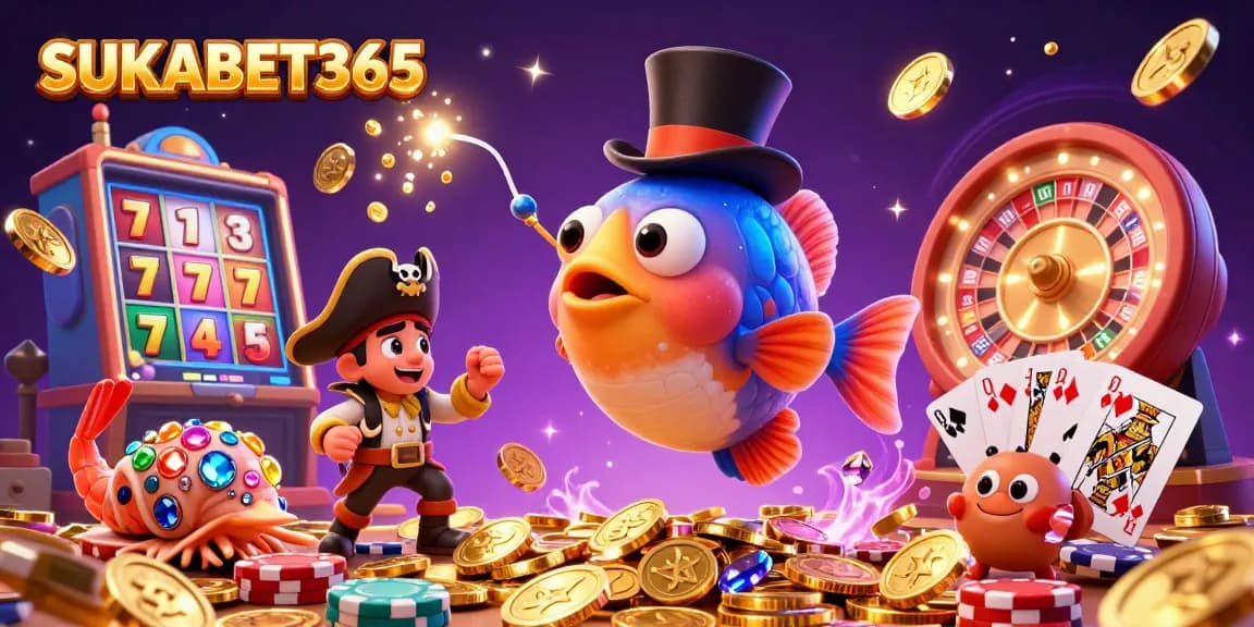 Engage with SUKABET365 in this vibrant casino scene featuring gold coins, slot machines, and a lively underwater theme.