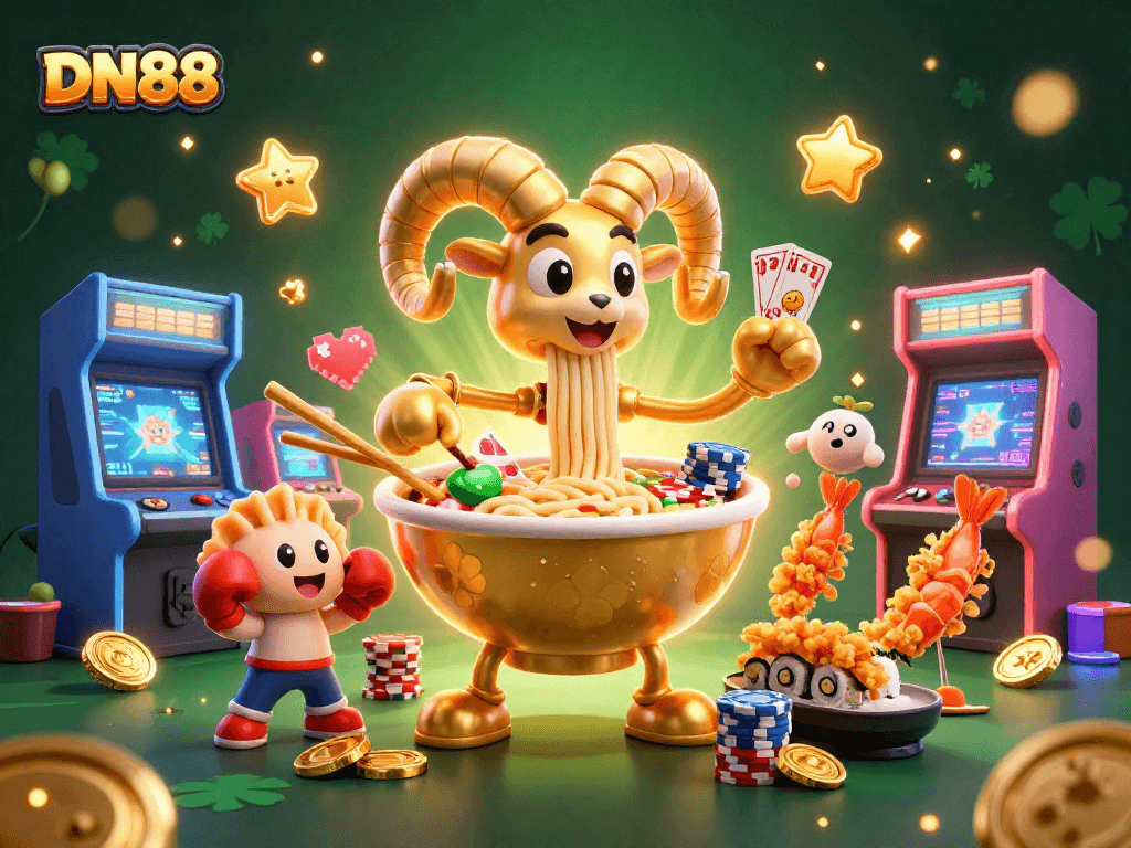 Experience thrilling action at DN88 with a vibrant illustration of casino characters in a dynamic gaming scene.