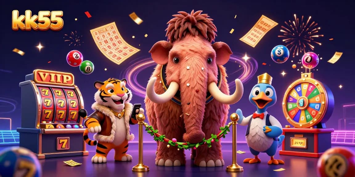 Engage in exciting gaming at KK55's vibrant casino with dynamic elements and characters.