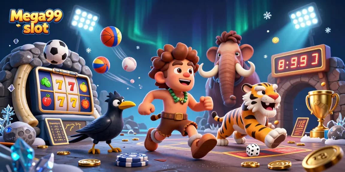 Experience mega99 slot action in an illustrated prehistoric casino with vibrant game elements and characters.