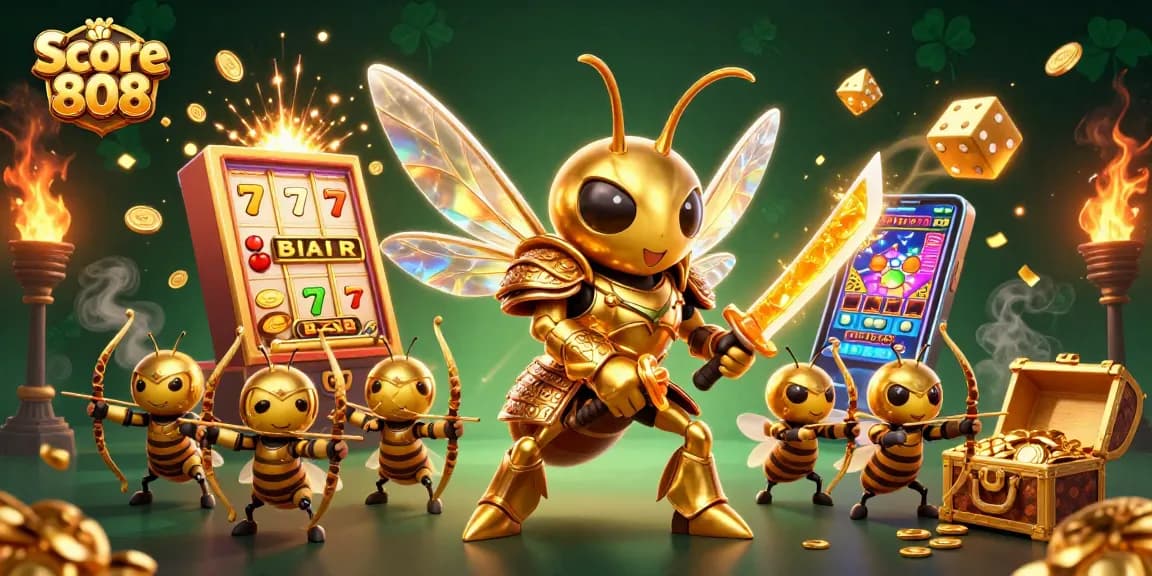 Score 808 showcases an exciting scene with a vibrant golden hornet warrior amidst jackpot symbols and dynamic casino elements.