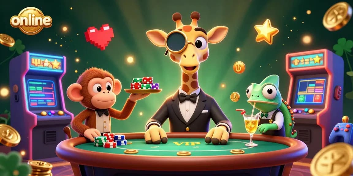 Bet online with a high-roller giraffe at a VIP poker table, monkey valet, and chameleon bartender.
