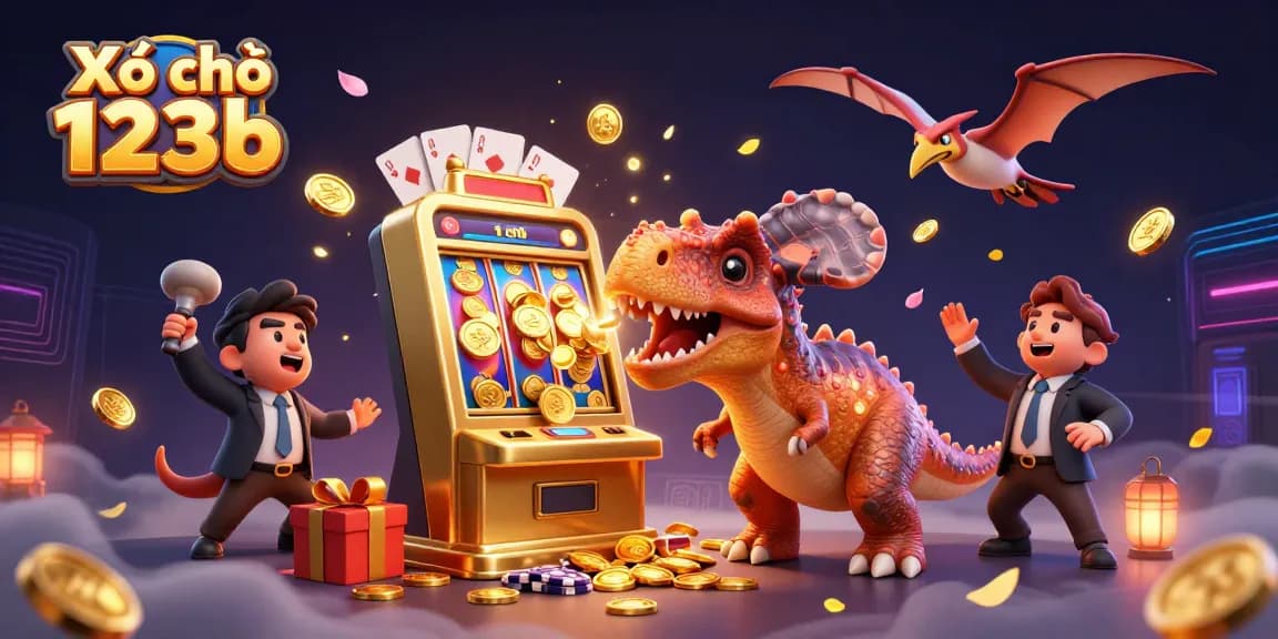 Experience the thrill of Xổ số 123b with a cartoon dinosaur jackpot scene filled with excitement and winning coins.