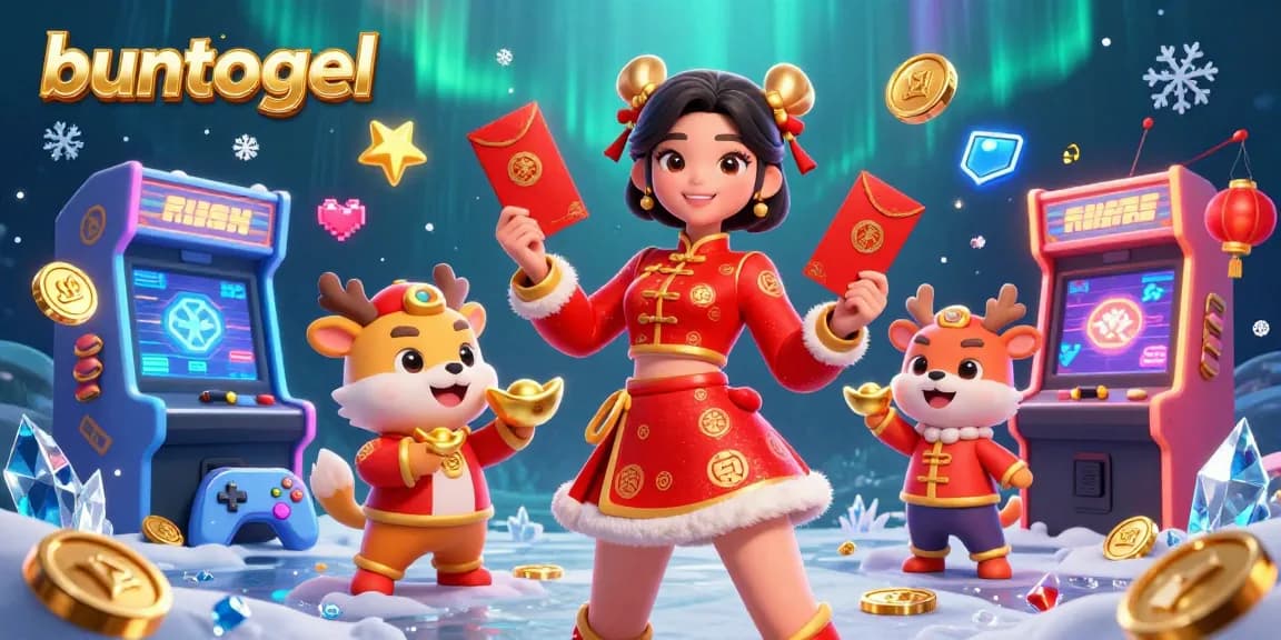 Experience the thrill of gaming with Buntogel's festive 3D illustration, showcasing vibrant characters and casino elements.