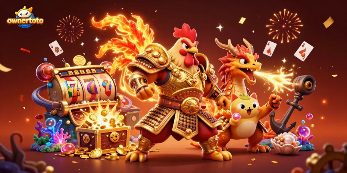 Bermain di ownertoto dengan karakter ayam tempur 3D dan naga, dikelilingi permata dan koin.