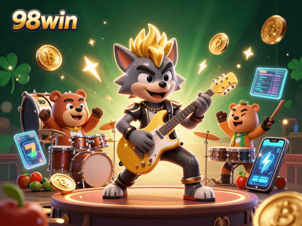 98win brings exhilarating slot action to life with a rock star wolf and drummer bear in a vibrant casino ambiance.