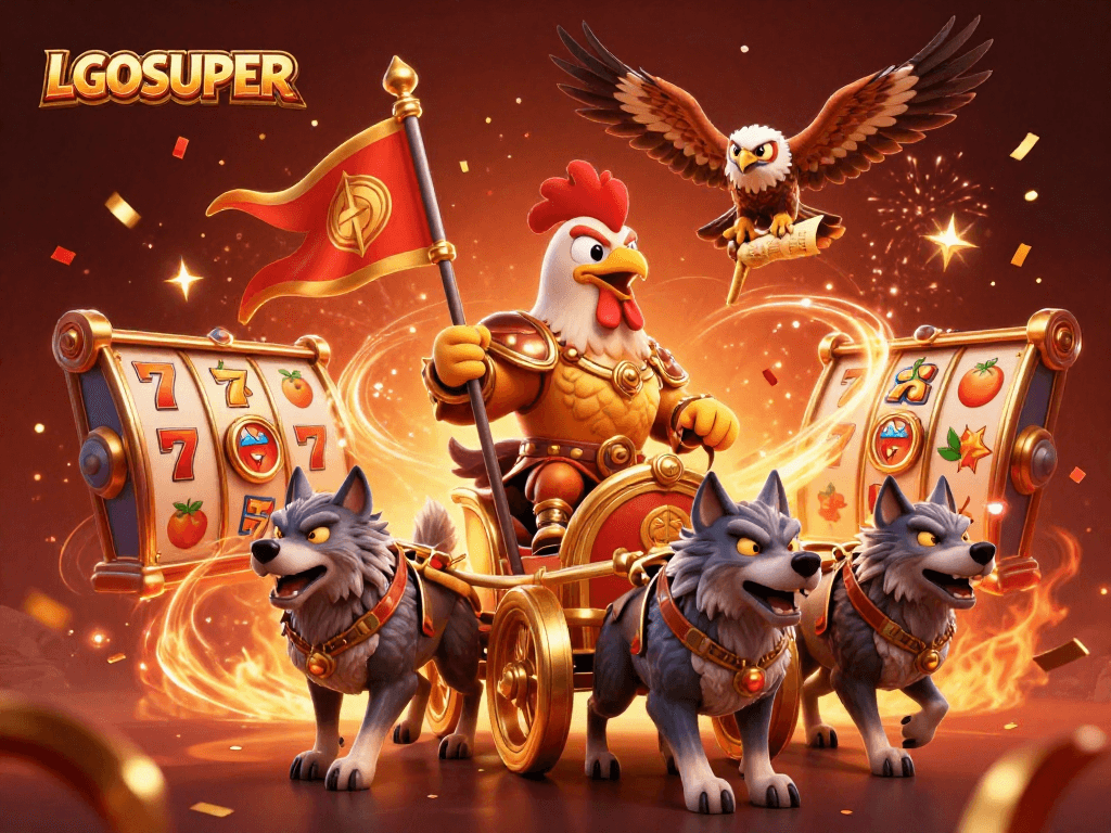 Play thrilling slots with LGOSUPER featuring a rooster warlord and vibrant gaming elements.