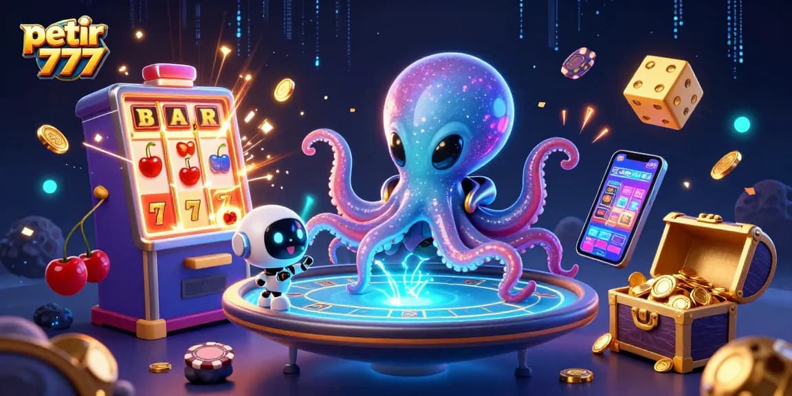 Experience excitement at petir 777 with an alien octopus and a tiny robot at a holographic poker table.