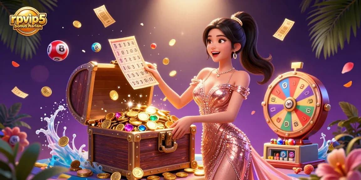 Experience the excitement of rpvip5 bonus harian as you explore treasures and festive game elements overflowing in a vibrant casino scene.
