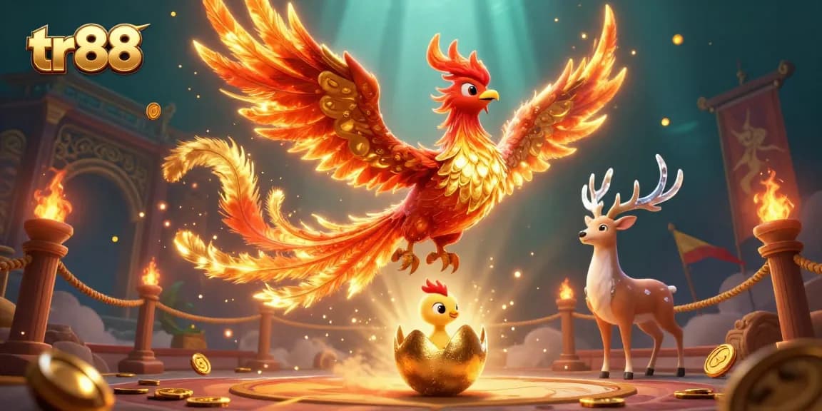 Experience the vibrant world of tr88 with a fiery phoenix and mystical stag in a dynamic casino scene.