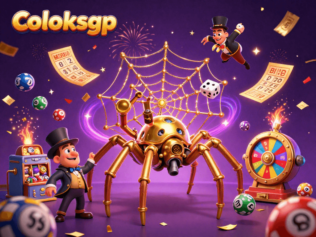 Coloksgp menyajikan ilustrasi menarik dengan laba-laba emas dan elemen lotere yang dinamis.