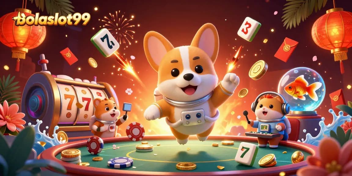 Experience the vibrant gaming scene with bolaslot99 in a lively 3D casino illustration.