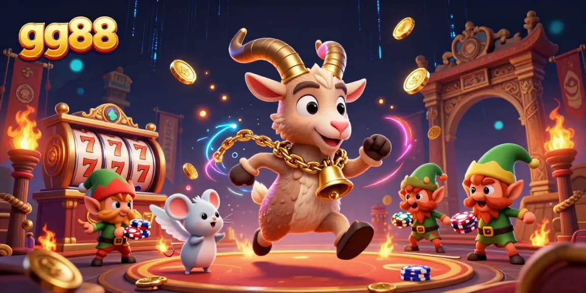 gg88 casino scene with a Krampus goat, angel mouse, and playful gremlins stealing poker chips.