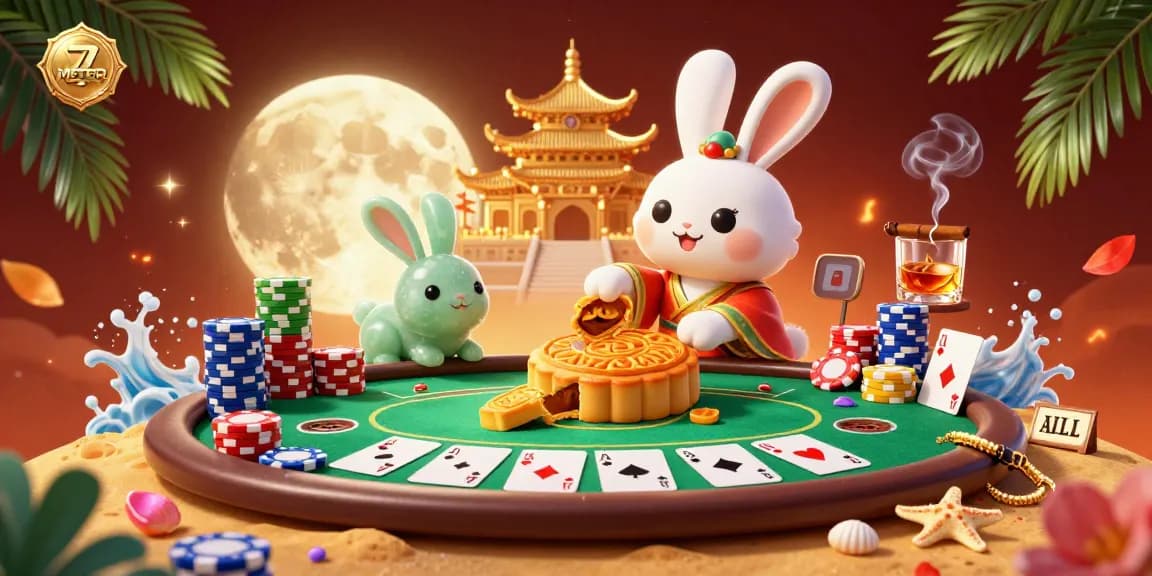 Engage with 7METER's festive poker scene featuring moon rabbits, poker chips, and vibrant casino elements.