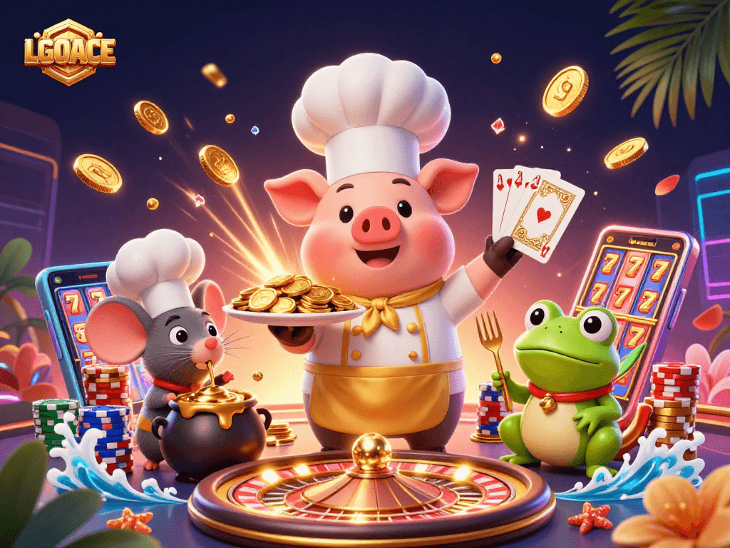 LGOACE casino illustration featuring characters in dynamic action with gold coins, slot reels, and vibrant elements.