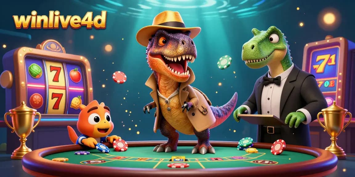 Experience thrilling gaming at winlive4d with a lively 3D casino scene featuring a velociraptor card counter.