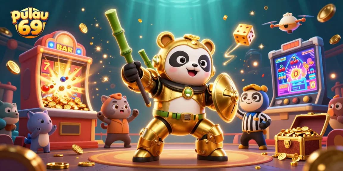 Pulau 69 players enjoying jackpot excitement with vibrant slot machines and animated characters.