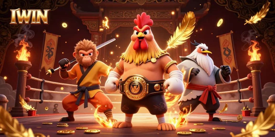 IWIN invites players to engage with vibrant 3D casino action featuring a Muay Thai rooster, sharing the spotlight with martial artists.
