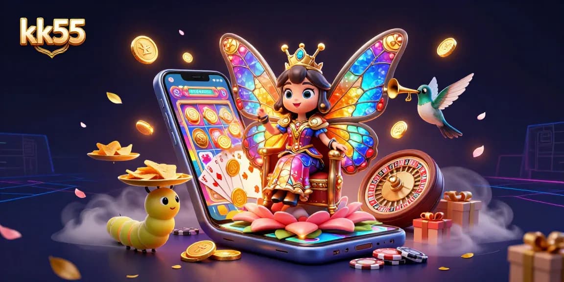 kk55 online casino features a vibrant scene with a butterfly queen and gaming elements.